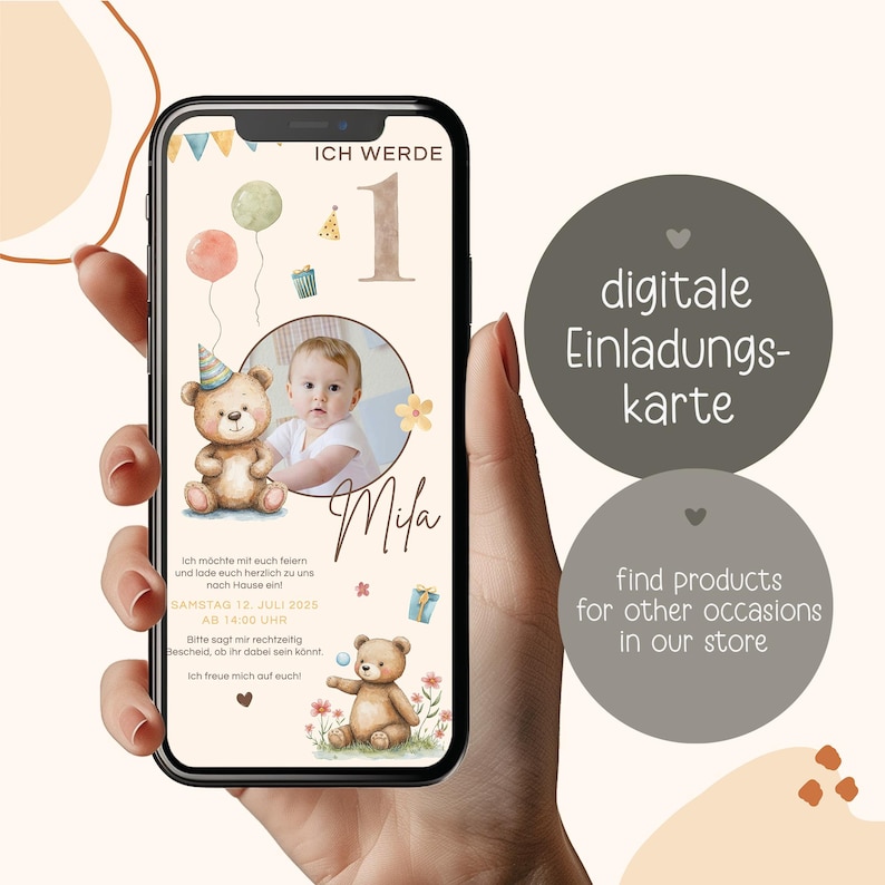 Digital Birthday Invitation for Kids – Teddy Bear, Customizable E-Card for WhatsApp, Photo Invitation for Girls and Boys, Birthday Invitation Template - Digitale Einladung Kindergeburtstag Teddybär, personalisierbare E-Card WhatsApp, Einladung Foto Mädchen, Junge, Geburtstagseinladung Vorlage