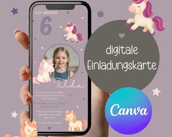Digital invitation children's birthday unicorn personalizable e-card WhatsApp girl photo Canva template 1 2 3 4 5 6 7 years