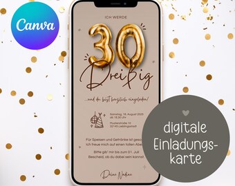 Digital invitation card 30th birthday number, balloon, WhatsApp invitation photo, eCard customizable, birthday invitation mobile, Canva