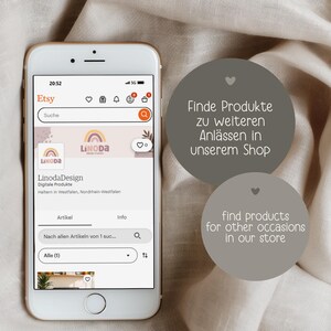 May include: A smartphone displaying an Etsy shop, LinodaDesign, with a rainbow logo. The screen shows search options and product listings. Text on the screen includes "Find products for other occasions in our store."