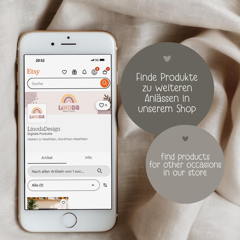 May include: A smartphone displaying an Etsy shop, LinodaDesign, with a rainbow logo. The screen shows search options and product listings. Text on the screen includes "Find products for other occasions in our store."