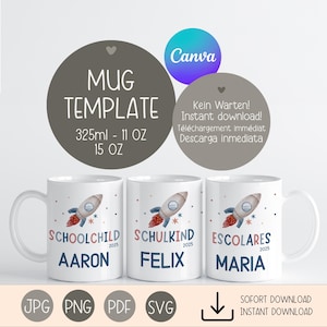 Modèle de tasse personnalisée Écolier 2025 Fusée – Garçon & Fille – Rentrée scolaire – Sublimation PNG – Cadeau – Tasse – Prénom – Canva