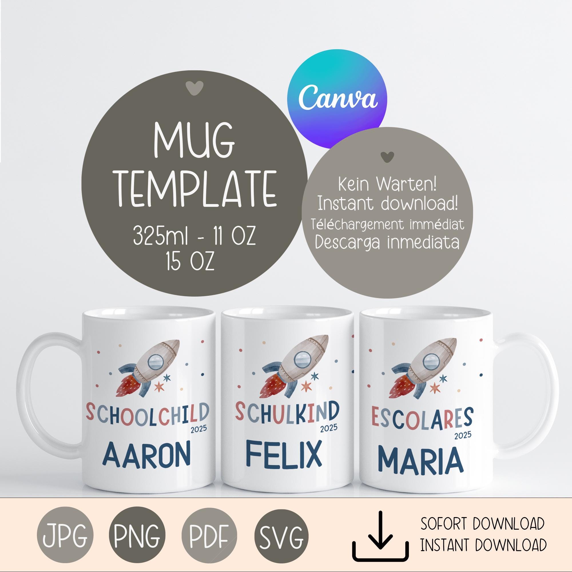 Personalized Mug Template Schoolchild 2025 Rocket - Boy & Girl - School Enrollment - Sublimation - PNG - Gift - Mug - Name - Canva