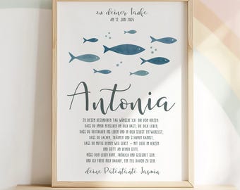 Baptism Poster Fish Godparent Certificate – Instant Download | Personalized Baptism Certificate | Formats: A6, A5, A3, A2, US Letter | 30x45, 40x60, 50x75, 60x90