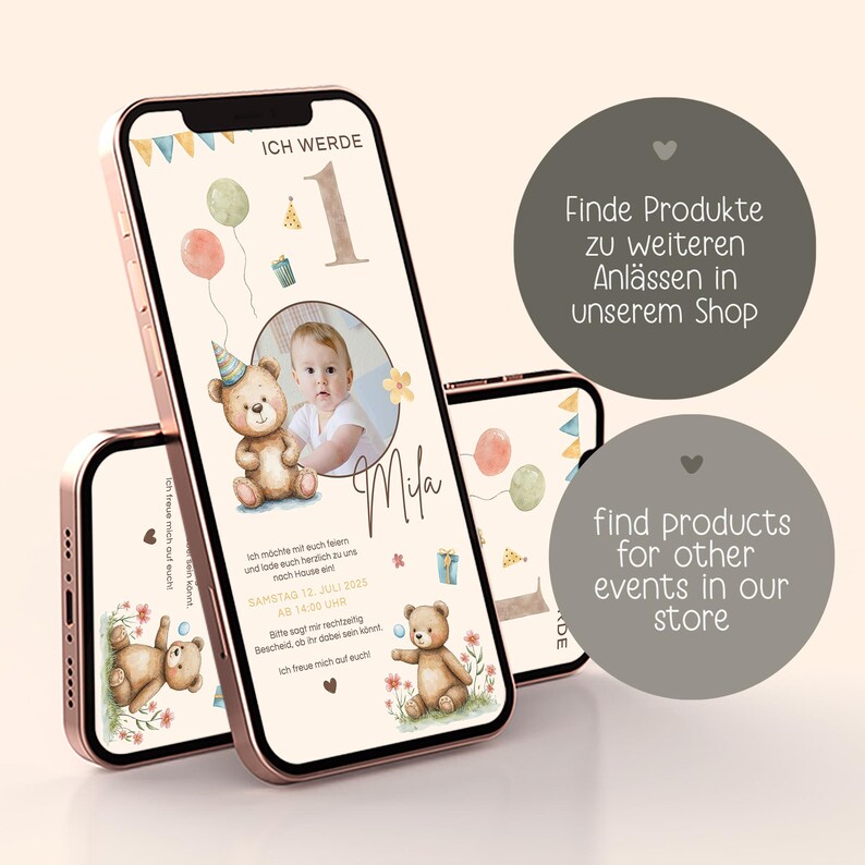 Digital Birthday Invitation for Kids – Teddy Bear, Customizable E-Card for WhatsApp, Photo Invitation for Girls and Boys, Birthday Invitation Template - Digitale Einladung Kindergeburtstag Teddybär, personalisierbare E-Card WhatsApp, Einladung Foto Mädchen, Junge, Geburtstagseinladung Vorlage