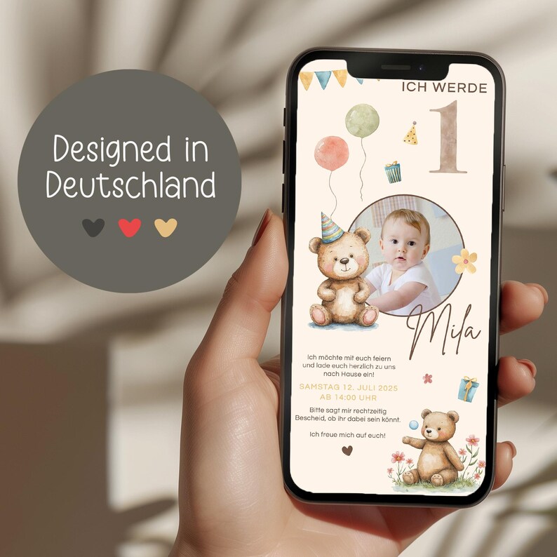 Digital Birthday Invitation for Kids – Teddy Bear, Customizable E-Card for WhatsApp, Photo Invitation for Girls and Boys, Birthday Invitation Template - Digitale Einladung Kindergeburtstag Teddybär, personalisierbare E-Card WhatsApp, Einladung Foto Mädchen, Junge, Geburtstagseinladung Vorlage