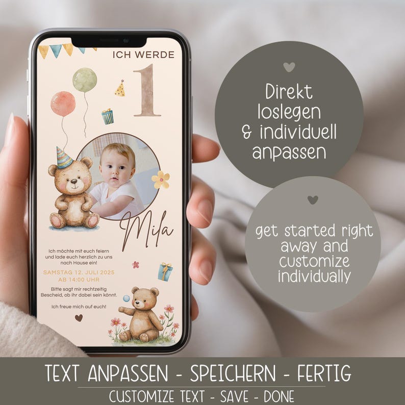 Digital Birthday Invitation for Kids – Teddy Bear, Customizable E-Card for WhatsApp, Photo Invitation for Girls and Boys, Birthday Invitation Template - Digitale Einladung Kindergeburtstag Teddybär, personalisierbare E-Card WhatsApp, Einladung Foto Mädchen, Junge, Geburtstagseinladung Vorlage