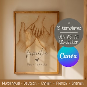 Póster familiar personalizado con manos – regalo digital para mamá, papá, niños y recién nacido | A4 A3 US Letter | 12 diseños | Canva