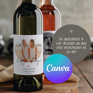 Personalisiertes Weinetikett Happy Birthday, Geburtstags-Flaschenetikett mit Foto & Namen,  ideales Geschenk mit Foto, Eigenes Design Canva