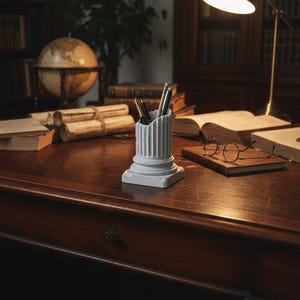Könnte beinhalten: Ein grauer Stifthalter in Form einer klassischen Säule, der Stifte enthält. Er steht auf einem dunklen Holzschreibtisch, umgeben von Büchern, einem Globus und einer Lampe. Das Bild suggeriert ein wissenschaftliches oder historisches Thema.