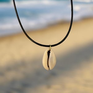Cowrie Shell Necklace on Black Cord - Minimalist Beach Jewelry
