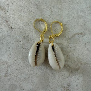 Cowrie Shell Earrings - 18k Gold Plated Leverback Beach Inspired - Minimalist Beach Jewelry