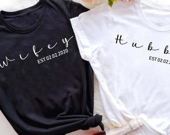 Wifey and Hubby Shirt, Custom Est Couple T-Shirt, Wedding Party Shirt, Honeymoon Gift Tee, Just Married Shirts, Matching Couple Shirt