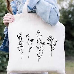 Floral Tote Bag, Wild Flower Tote Bag, Women Floral Canvas Tote Bag, Plant Mom Gift Bag, Reusable Shoulder Bag, Minimal Flower Bag For Mom
