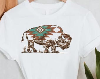 Buffalo Shirt, Western Graphic Tee, Wild West T-Shirt, Bison Gift Shirt, Mens American Bison Shirt, Aztec Buffalo Shirt For Men, Cowboy Tee