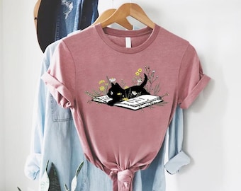 Floral Cat Book Shirt, Gift For Cat Lover, Cat Mom Shirt Gift, Cute Reading T-Shirt, Book Lover Tee, Cute Cat Tee, Women Reading Shirt Gift
