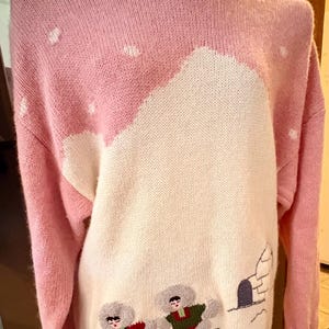 May include: Pink and white knit sweater with a high collar. The sweater features a winter scene with two figures and an igloo. White cloud-like shapes are scattered across the pink upper portion of the sweater.