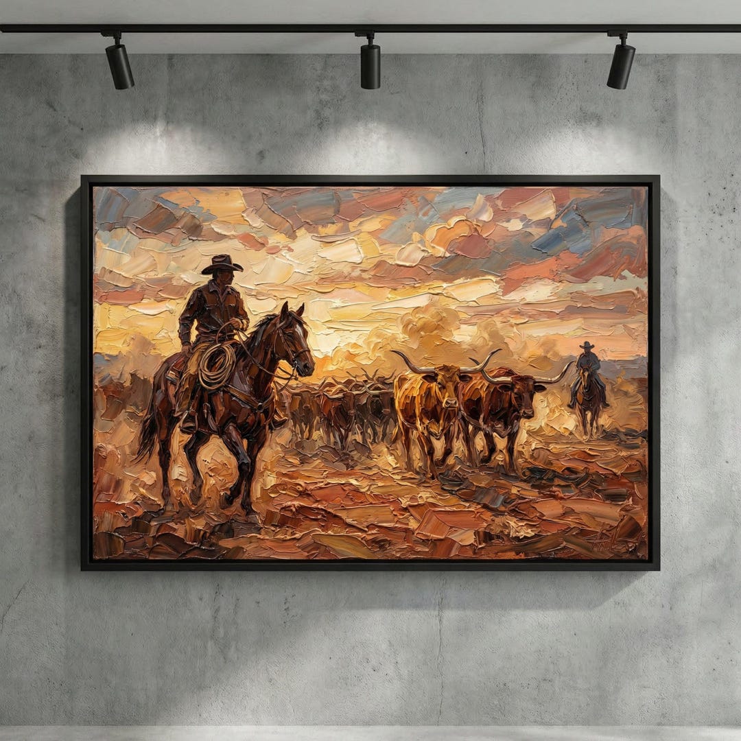 Western Cowboy Sunset Framed Canvas Longhorn Wall Art Ranch Decor ...