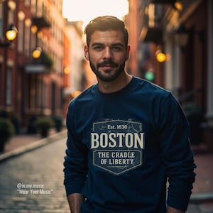 T-shirt à manches longues avec insigne vintage Boston - Jersey unisexe Berceau de la liberté, chemise Boston 1630, souvenir du Massachusetts, cadeau rétro