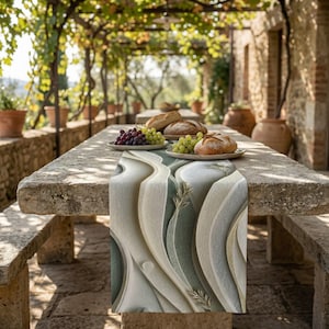 3D Botanical Table Runner: Cream, Gold, & Sage Green Luxe Dining