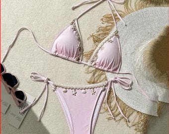 Bikini de concha rosa: ribete de estrella de mar, traje de baño para vacaciones en la playa