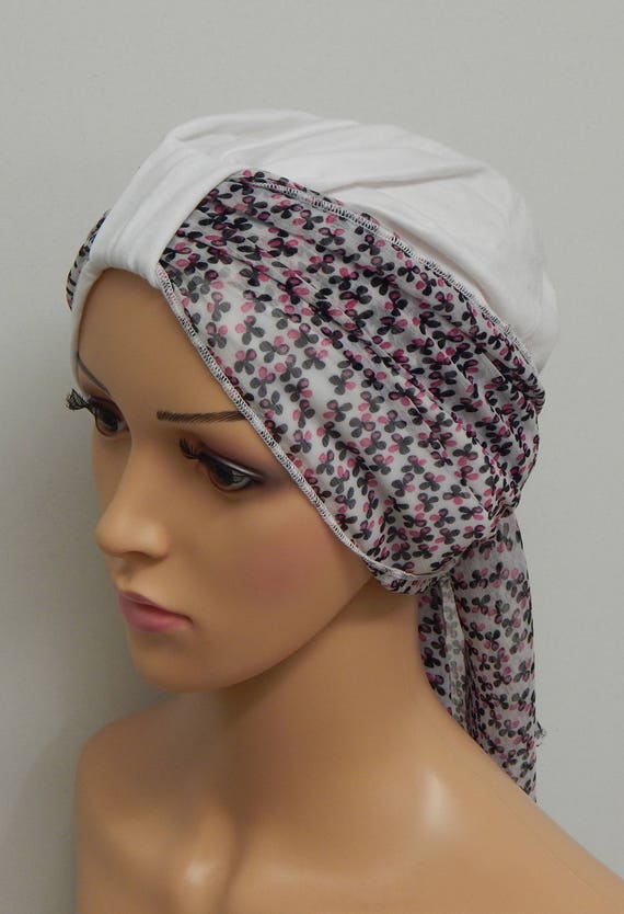 DAY OR NIGHT WEAR HEADWEAR FOR HAIR LOSS CHEMO GREY /& WHITE JERSEY TURBAN HAT