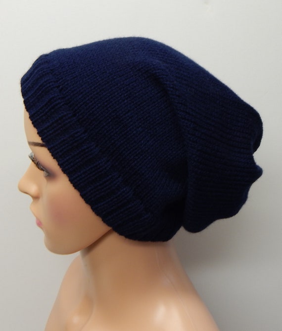 Women Slouch Hat Knit Navy Blue Beanie Knitted Hat Winter Etsy