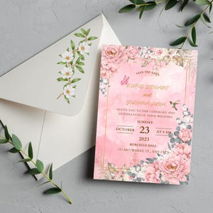 Elegant Pink Wedding Invitation Template for Canva | Customizable Printable Wedding Card | Instant Download DIY Invite