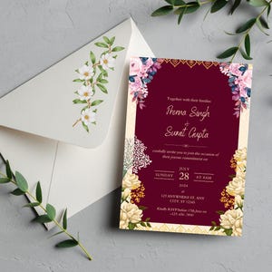 Burgundy Floral Wedding Invite, Elegant Wine Red Floral Wedding Invitation, Editable Digital Template, Instant Download