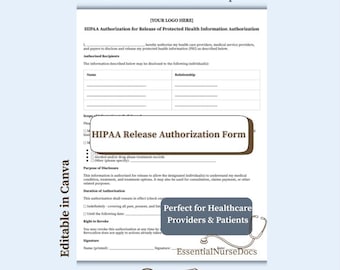 Puede incluir: Una plantilla de formulario de autorización HIPAA con el texto "Plantilla editable y profesional". El formulario incluye secciones para la información del paciente, el alcance de la divulgación y los detalles de la autorización.