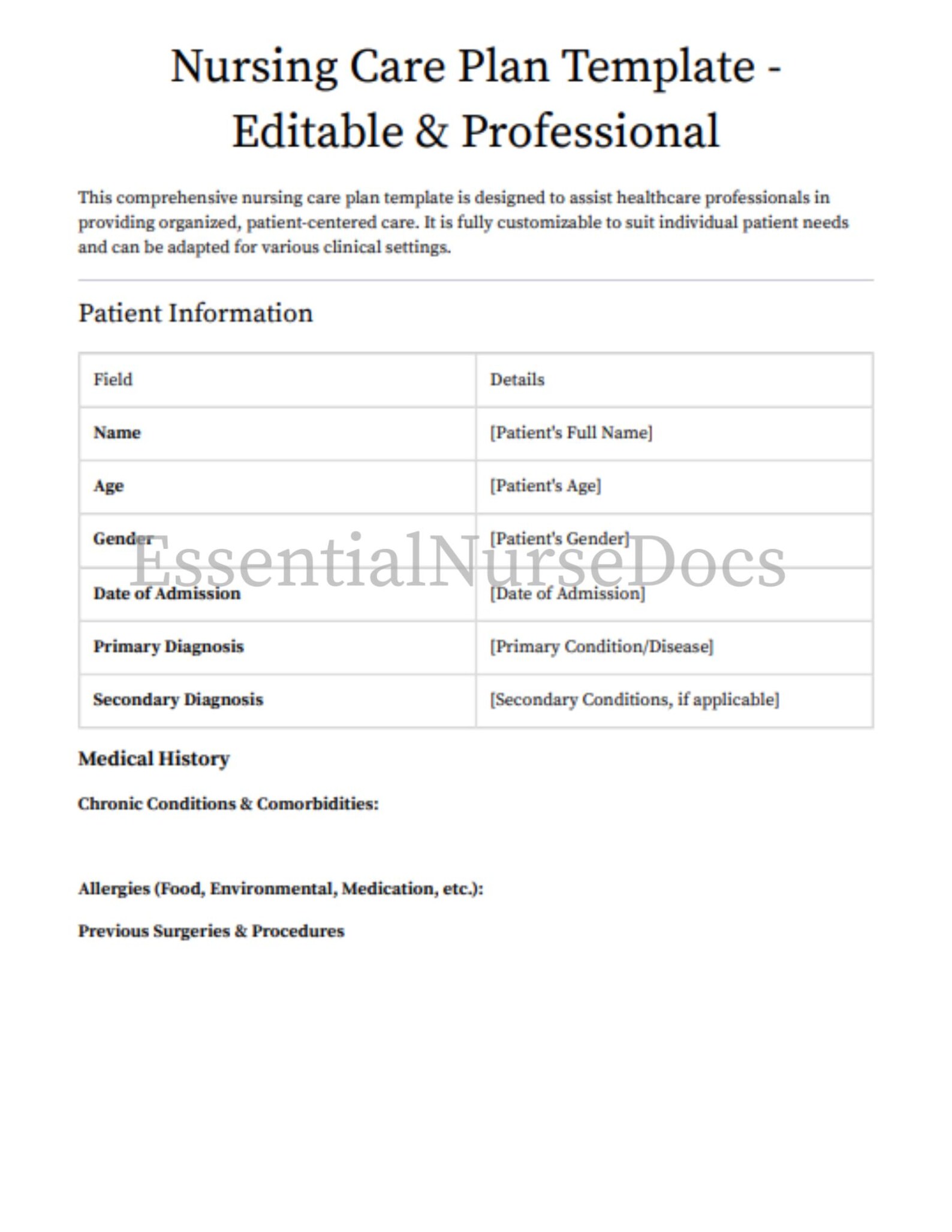 Editable Nursing Care Plan Template | Professional & Customizable - Etsy