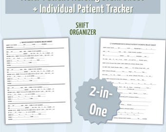 Op de afbeelding: Een witte Multi-Patient Nursing Brain Sheet en Individual Patient Tracker. De afbeelding bevat een dienstrooster en een 2-in-1 ontwerp. Tekst op de afbeelding luidt: Organiseer diensten, medicijnen, labs en patiëntinfo.