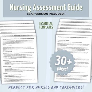 Puede incluir: Una guía de evaluación de enfermería digital con el texto "Nursing Assessment Guide" y "SBAR VERSION INCLUDED!". La guía incluye "Essential Templates" y más de 30 páginas de contenido. El texto "PERFECT FOR NURSES AND CAREGIVERS!" también es visible.