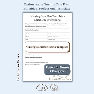May include: A customizable nursing care plan template with the text "Nursing Care Plan Template - Editable & Professional." The template includes sections for patient information and medical history. The text "Nursing Documentation Template" is also visible.