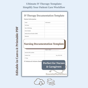 Puede incluir: Una plantilla de documentación de terapia intravenosa imprimible para enfermeras y cuidadores. La plantilla incluye secciones para información del paciente, documentación de enfermería y detalles de la solución IV y la infusión. La plantilla es editable en Canva y es perfecta para simplificar el flujo de trabajo de la atención al paciente.