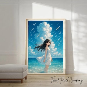 Anime Girl Ocean Wall Art Print, Blue Sky White Dress Poster, Peaceful Anime Style Beach Illustration, Summer Digital Download