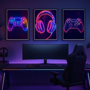 Neon Gaming Wall Art Set of 3 Prints, Gamer Room Decor Digital Download, Controller Headset Neon Poster, Video Game Wall Art Gift for Boys