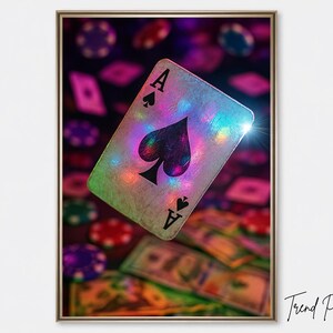 Stampa artistica di poker al neon con asso di picche / Arte murale del gioco d'azzardo del casinò / Download digitale di carte da gioco colorate per l'arredamento della sala giochi