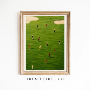 Golf Course Landscape Wall Art Print | Minimalist Sports Painting | Modern Golf Players Canvas | Green Fairway Golf Decor for Office & Home