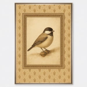 Vintage Chickadee Bird Print, Woodland Fairytale Rustic Wall Art, Antique Sepia Nature Animal Illustration, Cottagecore Country Decor