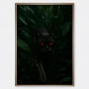 Mysterious Black Cat with Glowing Red Eyes in Dark Jungle | Fantasy Cat Wall Art | Gothic Animal Poster | Vertical Canvas Decor