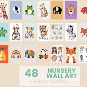 48 Nursery Animal Wall Art Print Set, Playful Kids Room Gallery Bundle, Cute Cartoon Animal Posters, Digital Art, Toddler, Baby Room Decor