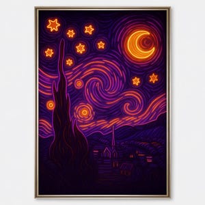 Neon Sternennacht Wand Kunst digitaler Download, moderne Van Gogh inspiriert Poster, lebendige Wirbel Himmel Druck, Psychedelische Raumdekor