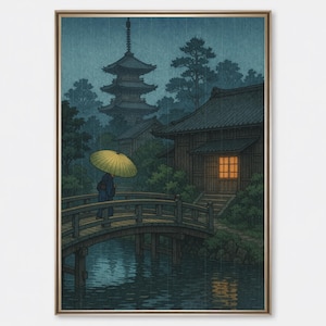 Hasui Kawase Prints Japanese Rainy Night Wall Art | Zen Temple Bridge Digital Print | Umbrella Figure in Rain | Tranquil Landscape Decor