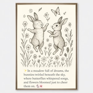 Woodland Fairytale Story Bunny Printable, Dancing Rabbits Nursery Art, Whimsical Forest Animal Wall Decor, Digital Download for Kids Room
