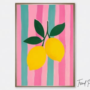 Bright Lemons Wandkunst 2er-Set | Buntes Obst Küche Dekor | Rosa & Blau gestreifter Hintergrund | Moderne druckbare Zitrus Kunstwerke