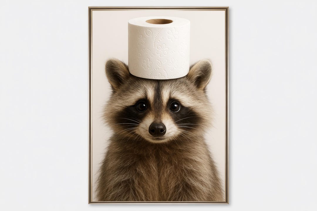 Funny Raccoon Toilet Paper Print: Quirky Bathroom Wall Art (digital ...