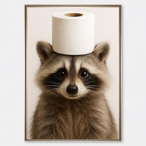 Funny Raccoon Toilet Paper Wall Art, Cute Bathroom Raccoon Poster, Adorable Animal Bathroom Decor, Quirky Toilet Paper Print