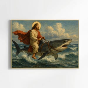 Divertente stampa murale raffigurante Gesù che cavalca uno squalo, poster umoristico religioso surrealista, download di opere d&#39;arte digitali sull&#39;oceano, decorazioni meme alla moda per la casa