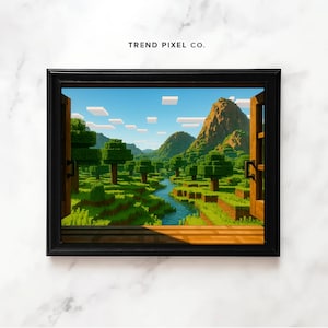 Pixel Art Window View Wall Art, Pixelated Landscape PNG Print, Nature Inspired Gamer Room Decor, Cubic Forest Sunset Poster